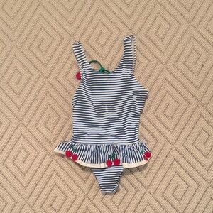 Florence Eiseman Blue and White Striped Swimsuit with Cherry Details